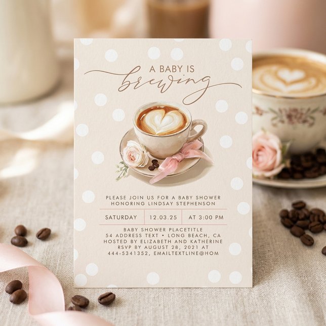 Invitación Pink Bow Coffee Baby Is Brewing Girl Baby Shower (Latte Heart Coffee Themed Baby Shower Invitation)