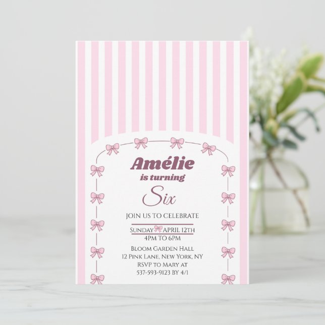 Invitación Pink Bow Coquette Aesthetic Girl 6th Birthday (Anverso de pie)