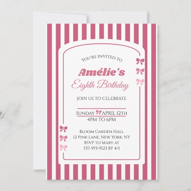 Invitación Pink Bow Coquette Aesthetic Girl Eighth Birthday (Anverso)