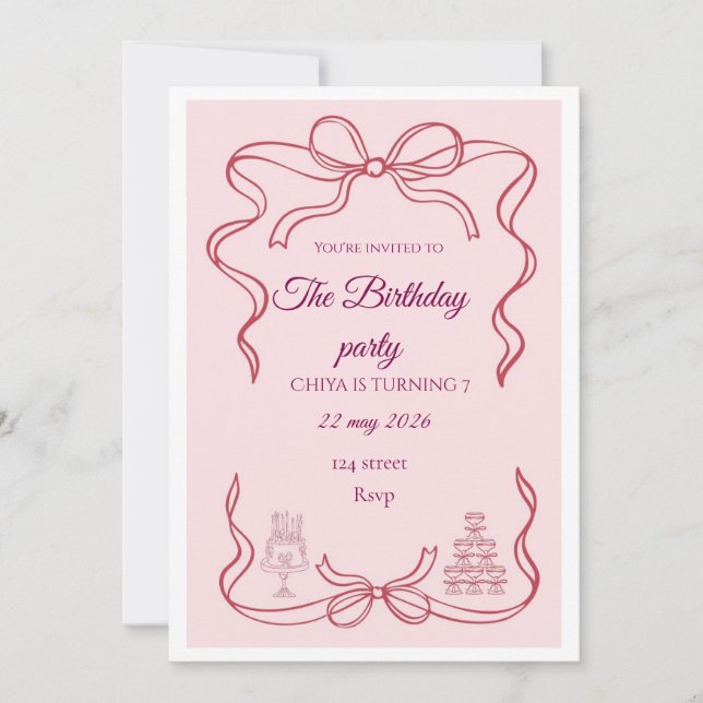 Invitación Pink Bow Coquette Birthday Party Invitation (Anverso)