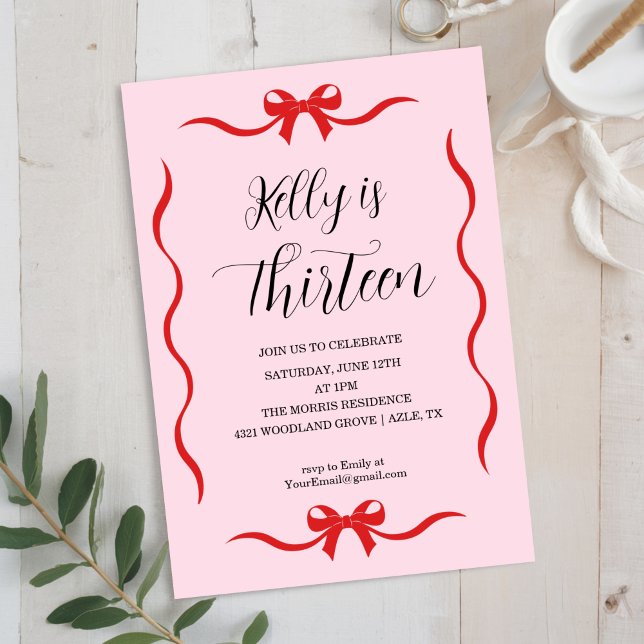 Invitación Pink Bow Coquette Bow Birthday Invitation, 13th (Subido por el creador)