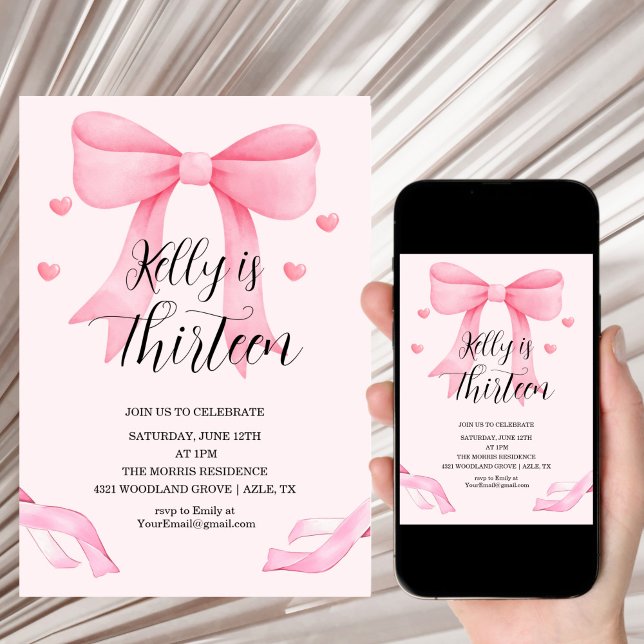 Invitación Pink Bow Coquette Bow Birthday Invitation, 13th (Subido por el creador)