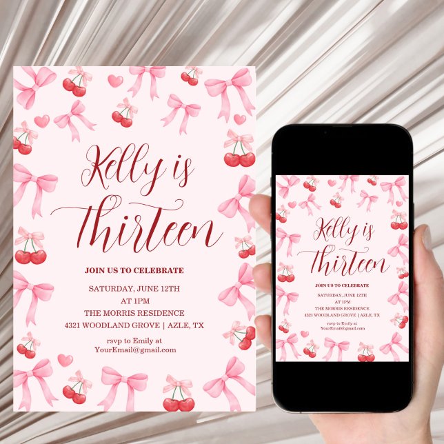Invitación Pink Bow Coquette Bow Cherry Birthday, 13th (Subido por el creador)