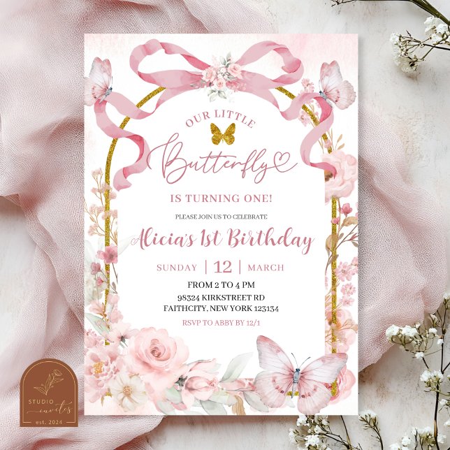 Invitación Pink Bow Coquette Butterfly 1st Birthday Invitatio (Subido por el creador)