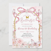 Pink Bow Coquette Butterfly 1st Birthday Invitatio
