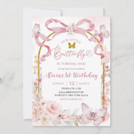 Invitación Pink Bow Coquette Butterfly 1st Birthday Invitatio
