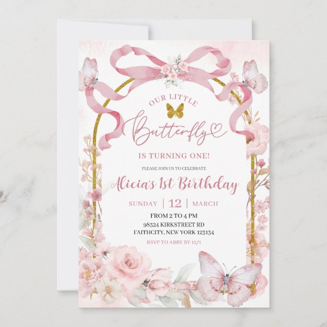 Invitación Pink Bow Coquette Butterfly 1st Birthday Invitatio (Anverso)