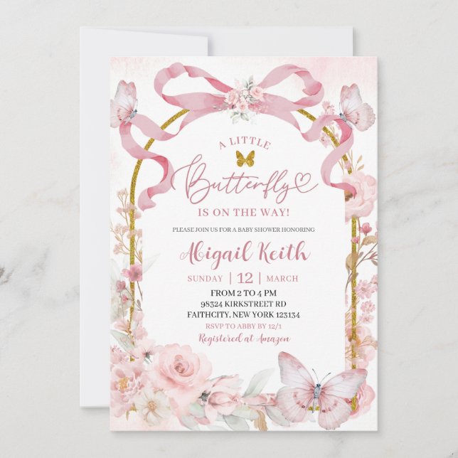 Invitación Pink Bow Coquette Butterfly Baby Shower Invitation (Anverso)