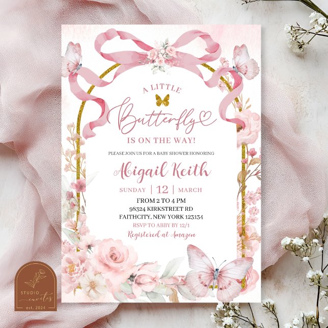 Invitación Pink Bow Coquette Butterfly Baby Shower Invitation (Subido por el creador)