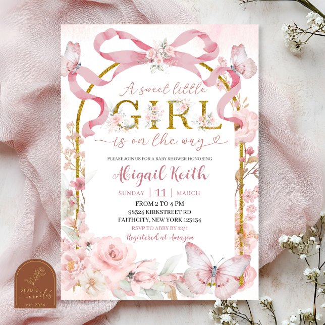 Invitación Pink Bow Coquette Butterfly Sweet Little Girl Baby (Subido por el creador)
