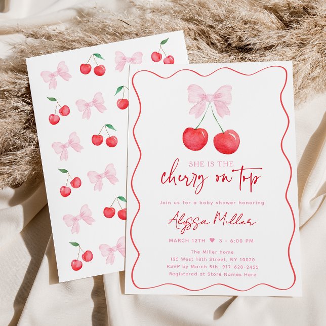 Invitación Pink Bow Coquette Cherry Baby Shower (Subido por el creador)