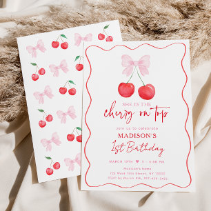Invitación Pink Bow Coquette Cherry Chica Birday