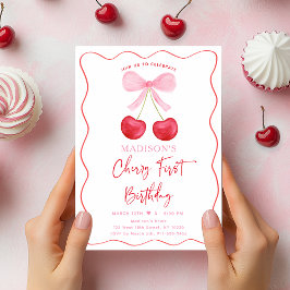 Invitación Pink Bow Coquette Cherry Primer cumpleaños