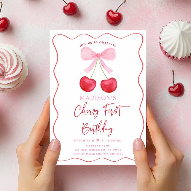 Invitación Pink Bow Coquette Cherry Primer cumpleaños (Subido por el creador)