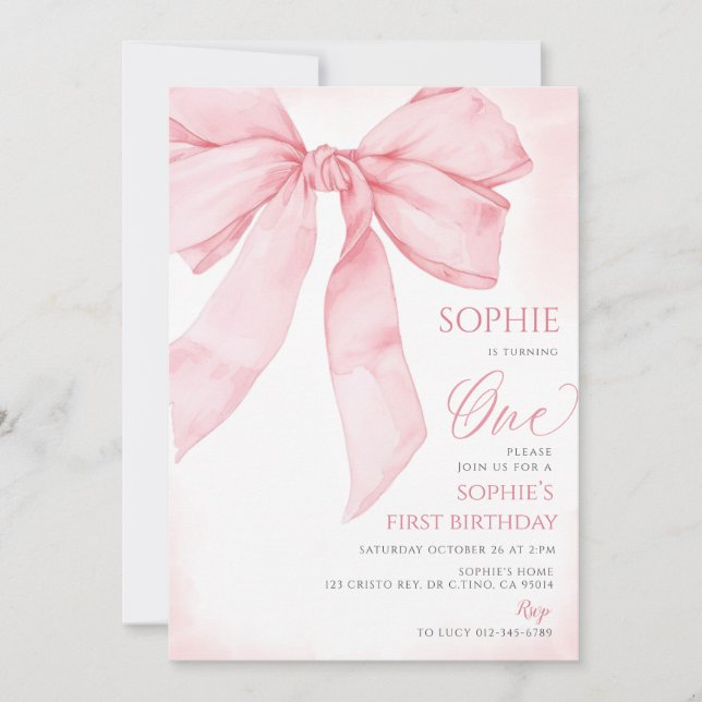 Invitación Pink Bow Coquette Chica 1er cumpleaños (Anverso)