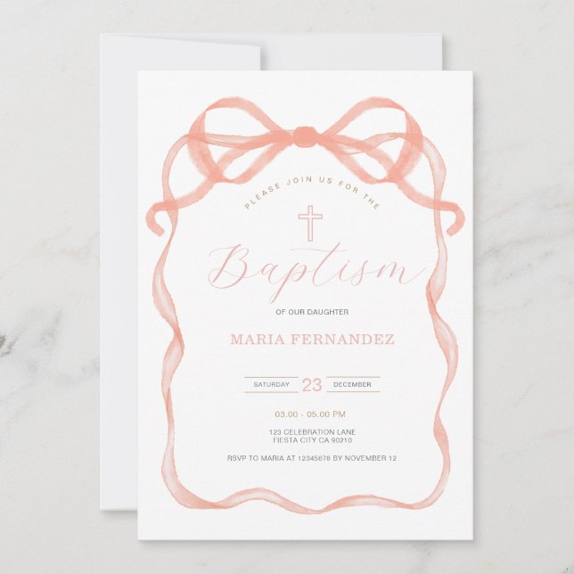 Invitación Pink Bow Coquette Christening (Anverso)