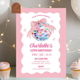 Invitación Pink Bow Coquette Disco Ball Chica Cumpleaños