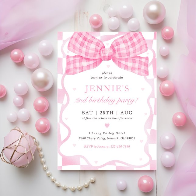 Invitación Pink Bow Coquette Fiesta de cumpleaños número 2 (Subido por el creador)