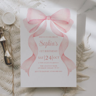 Invitación Pink Bow Coquette First Birthday Invitation