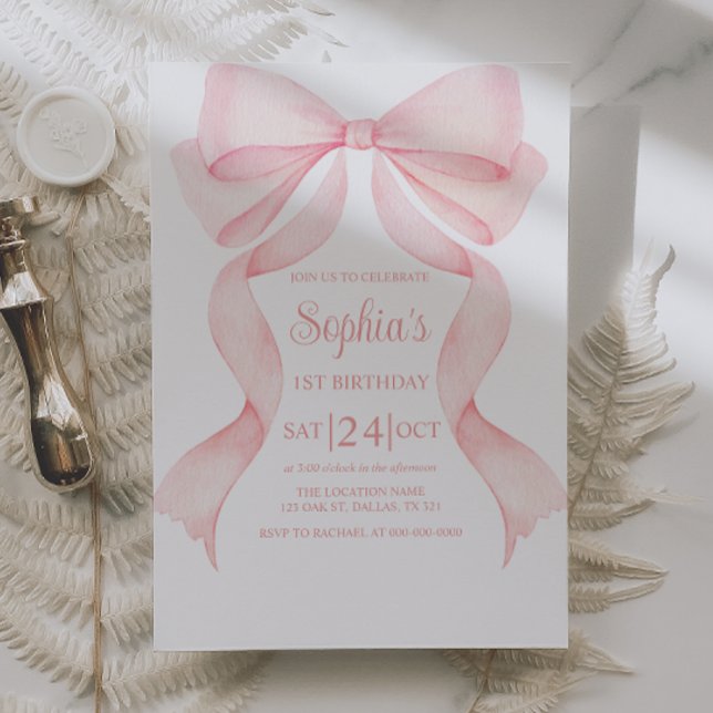 Invitación Pink Bow Coquette First Birthday Invitation (Subido por el creador)