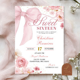 Invitación Pink Bow Coquette floral Sweet Sixteen