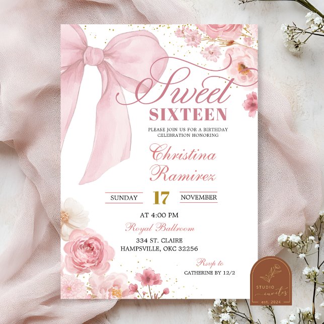 Invitación Pink Bow Coquette floral Sweet Sixteen (Subido por el creador)