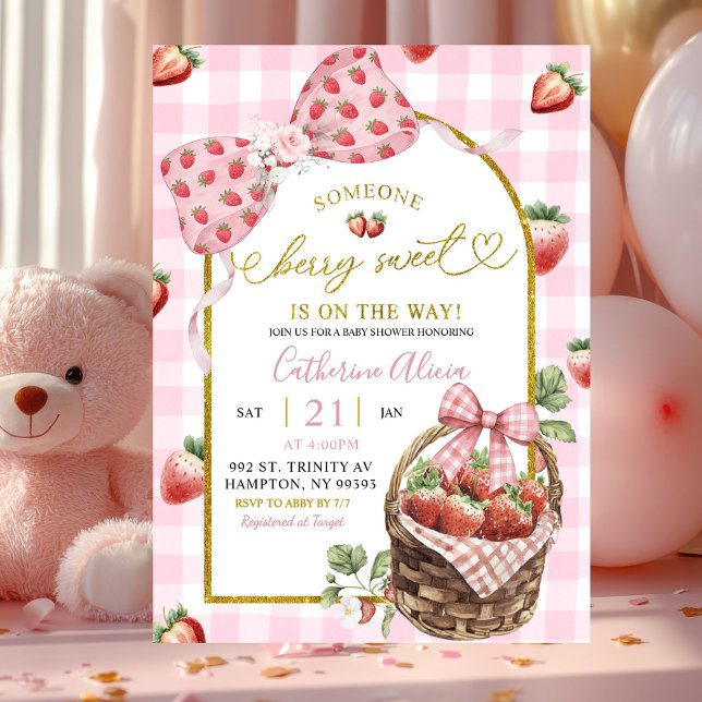Invitación Pink Bow Coquette Gingham Berry Sweet Baby Shower (Subido por el creador)