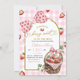 Invitación Pink Bow Coquette Gingham Berry Sweet Baby Shower