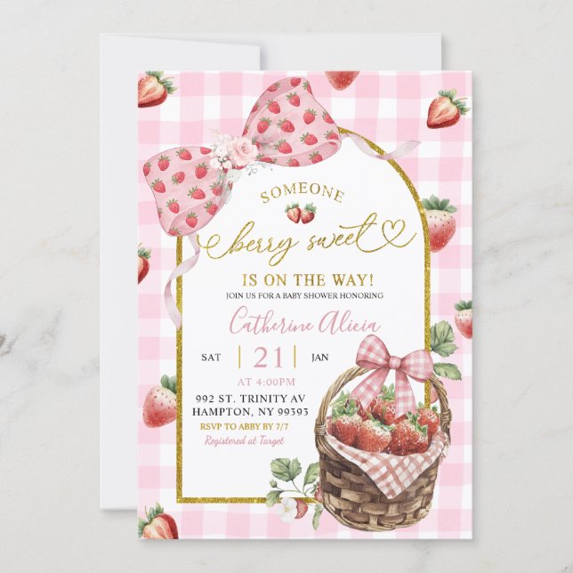 Invitación Pink Bow Coquette Gingham Berry Sweet Baby Shower (Anverso)