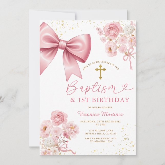 Invitación Pink Bow Coquette Girl Baptism and Birthday Floral (Anverso)