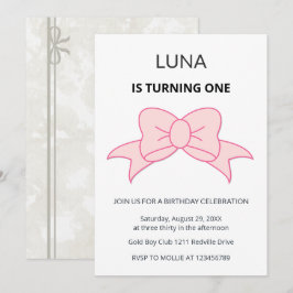 Invitación Pink Bow Coquette Girl Kids 1st Birthday 