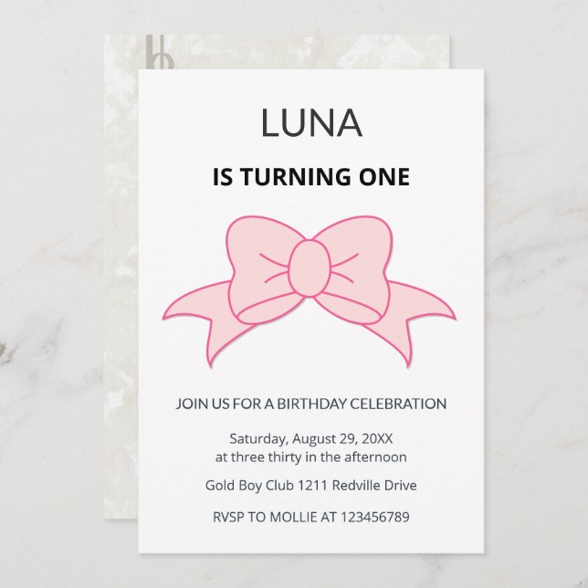 Invitación Pink Bow Coquette Girl Kids 1st Birthday  (Anverso / Reverso)