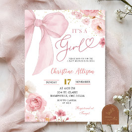 Invitación Pink Bow coquette It's a girl baby shower 