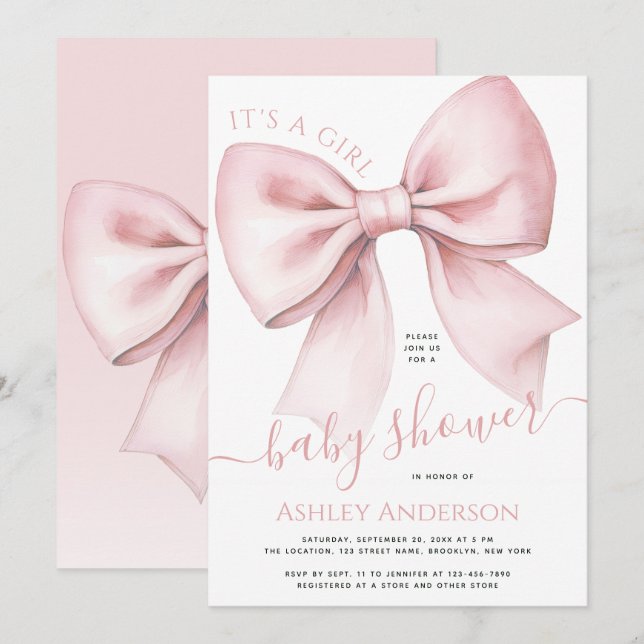 Invitación Pink Bow Coquette It's a Girl Baby Shower (Anverso / Reverso)