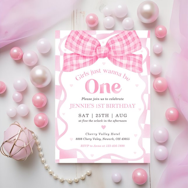 Invitación Pink Bow Coquette Primer Fiesta de cumpleaños (Subido por el creador)