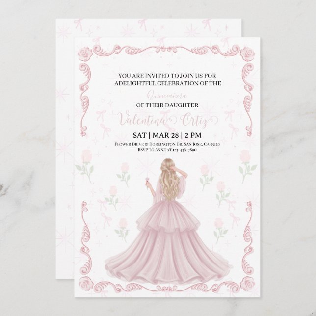Invitación Pink Bow coquette Princess floral Quinceanera  (Anverso / Reverso)