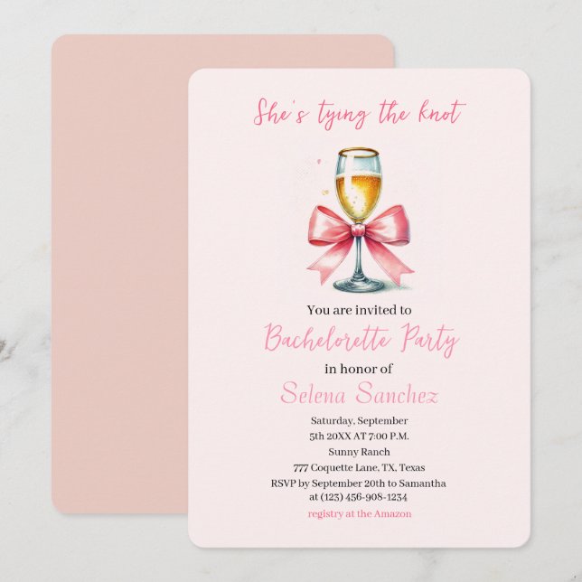 Invitación Pink Bow Coquette Prosecco (Anverso / Reverso)