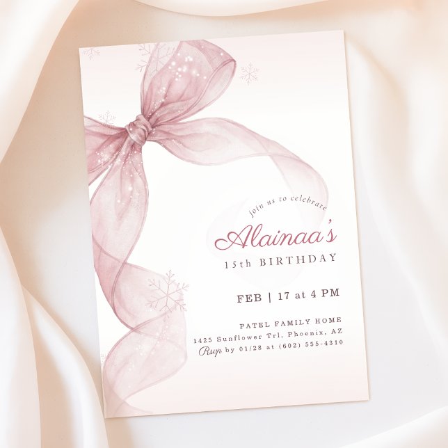 Invitación Pink Bow Coquette Snowflake Winter 15th Birthday (Subido por el creador)