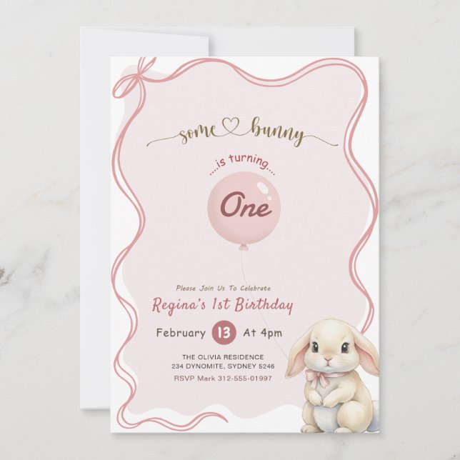 Invitación Pink Bow Coquette Some Bunny 1st Birthday (Anverso)