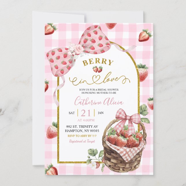 Invitación Pink Bow Coquette Strawberry Gingham Bridal Shower (Anverso)