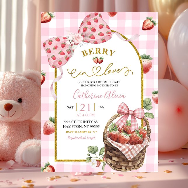 Invitación Pink Bow Coquette Strawberry Gingham Bridal Shower (Subido por el creador)
