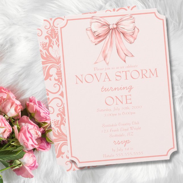 Invitación Pink Bow Coquette Toile Demask Milestone Cumpleaño (Subido por el creador)
