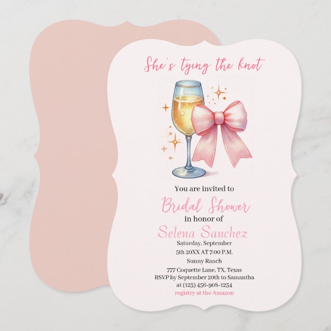 Invitación Pink Bow Coquette Watercolor Ducha de novia (Anverso / Reverso)