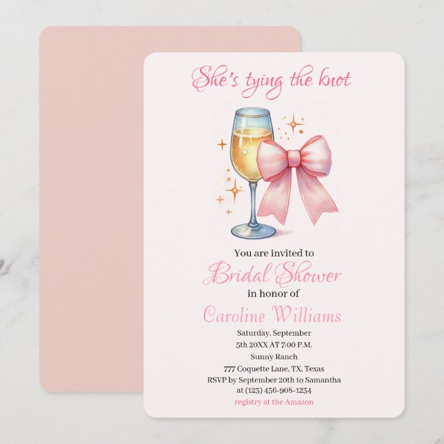 Invitación Pink Bow Coquette Watercolor Ducha de novia (Anverso / Reverso)