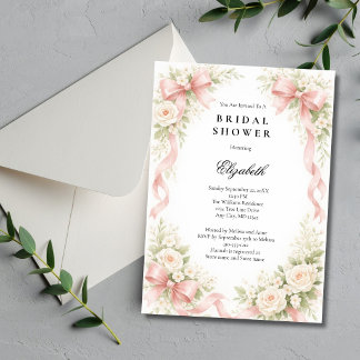 Invitación Pink Bow Coquette White Rose Florals Bridal Shower
