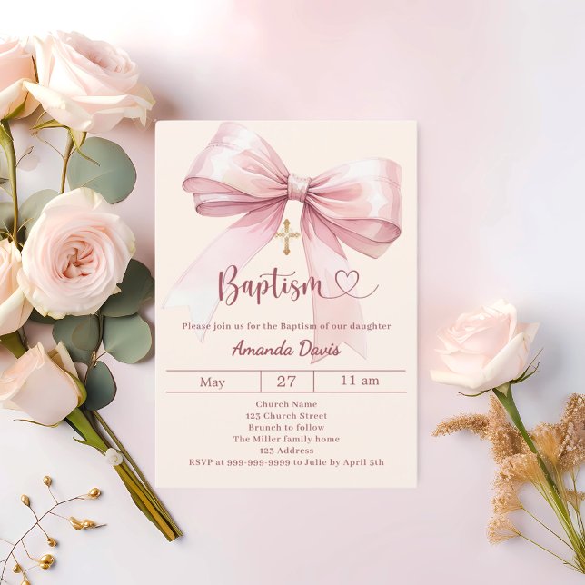 Invitación Pink bow cream girl elegant Baptism (Subido por el creador)