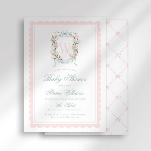 Invitación Pink Bow Crest Monogram Baby Shower (Subido por el creador)