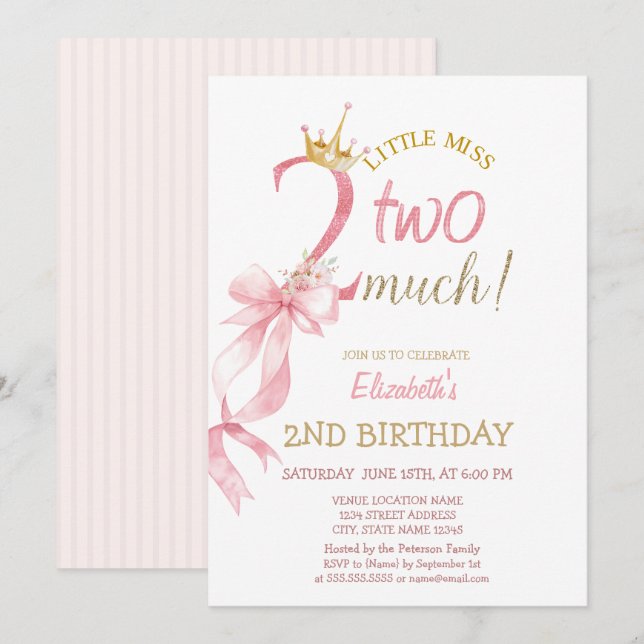 Invitación Pink Bow Crown Flowers Striped 2nd Birthday  (Anverso / Reverso)
