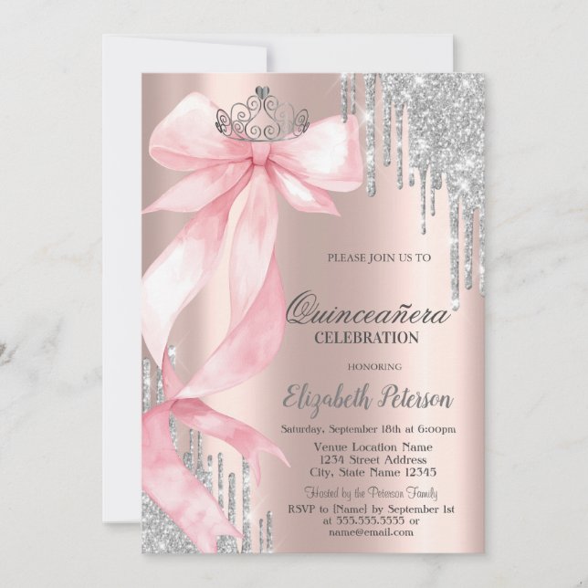 Invitación Pink Bow Crown Glitter Drips Rose Gold Quinceañera (Anverso)