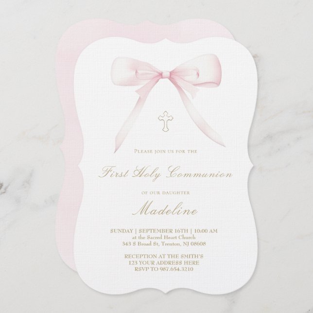 Invitación  pink bow design First Holy Communion girl (Anverso / Reverso)